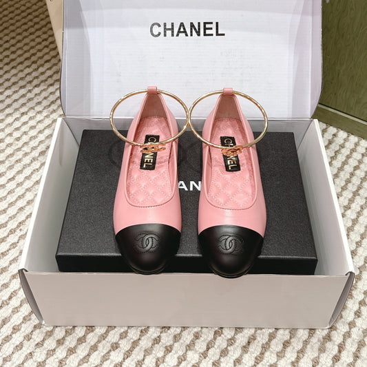 CHANEL 25S BALLERINA SHOES IN PINK AND BLACK CALFSKIN GOLD HARDWARE - 35