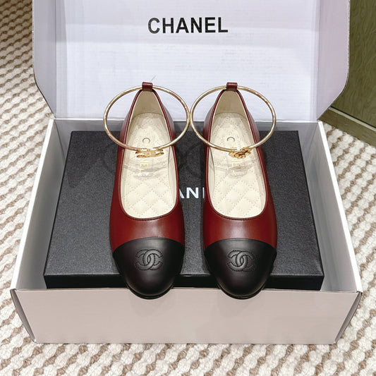 CHANEL 25S BALLERINA SHOES IN MAROON RED AND BLACK CALFSKIN GOLD HARDWARE - 35