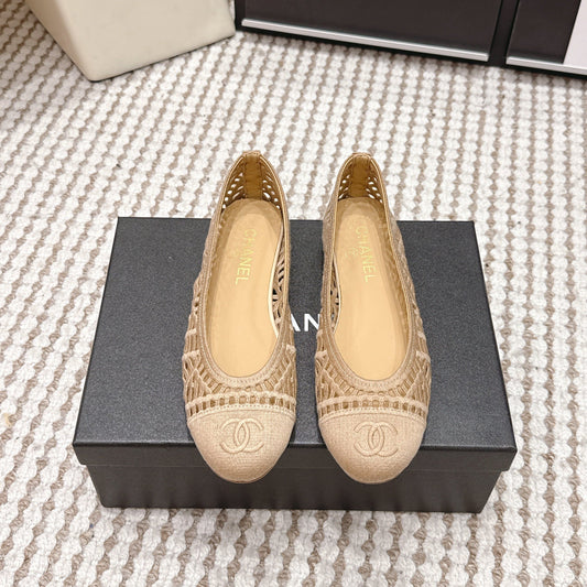 БАЛЕТКИ CHANEL 26S З БЕЖЕВОЇ СІТКИ ТА ТКАНИНИ