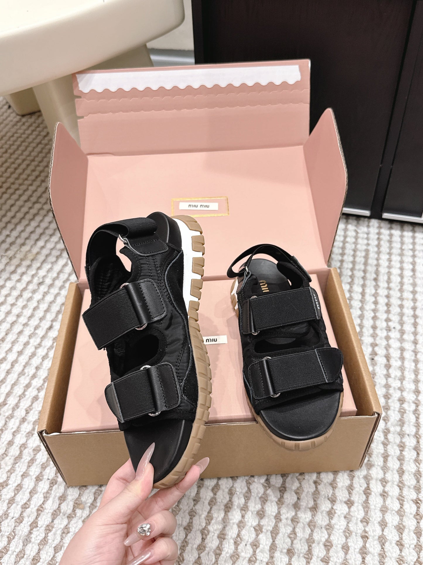 MIUMIU 26S VELCRO SANDALS IN BLACK CALFSKIN AND NYLON SILVER HARDWARE