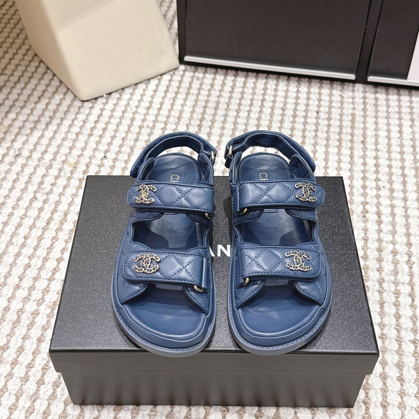 CHANEL 26S QUILTED DAD SANDALS IN SLATE BLUE CALFSKIN