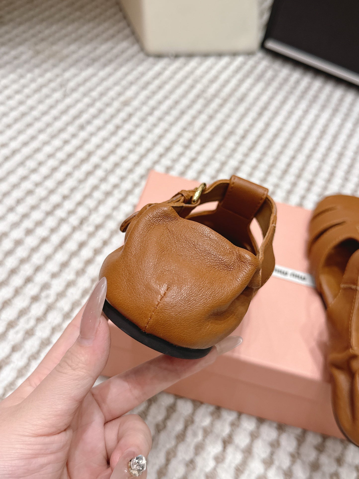 MIUMIU 26S RUCHES FISHERMAN SANDALS IN BROWN ORANGE CALFSKIN GOLD HARDWARE