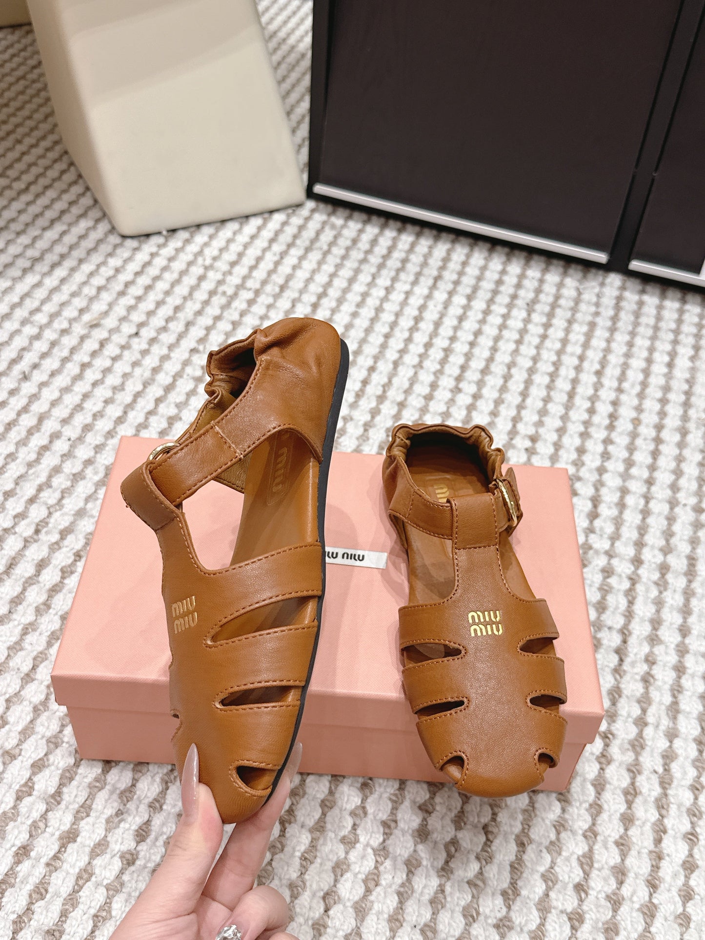 MIUMIU 26S RUCHES FISHERMAN SANDALS IN BROWN ORANGE CALFSKIN GOLD HARDWARE