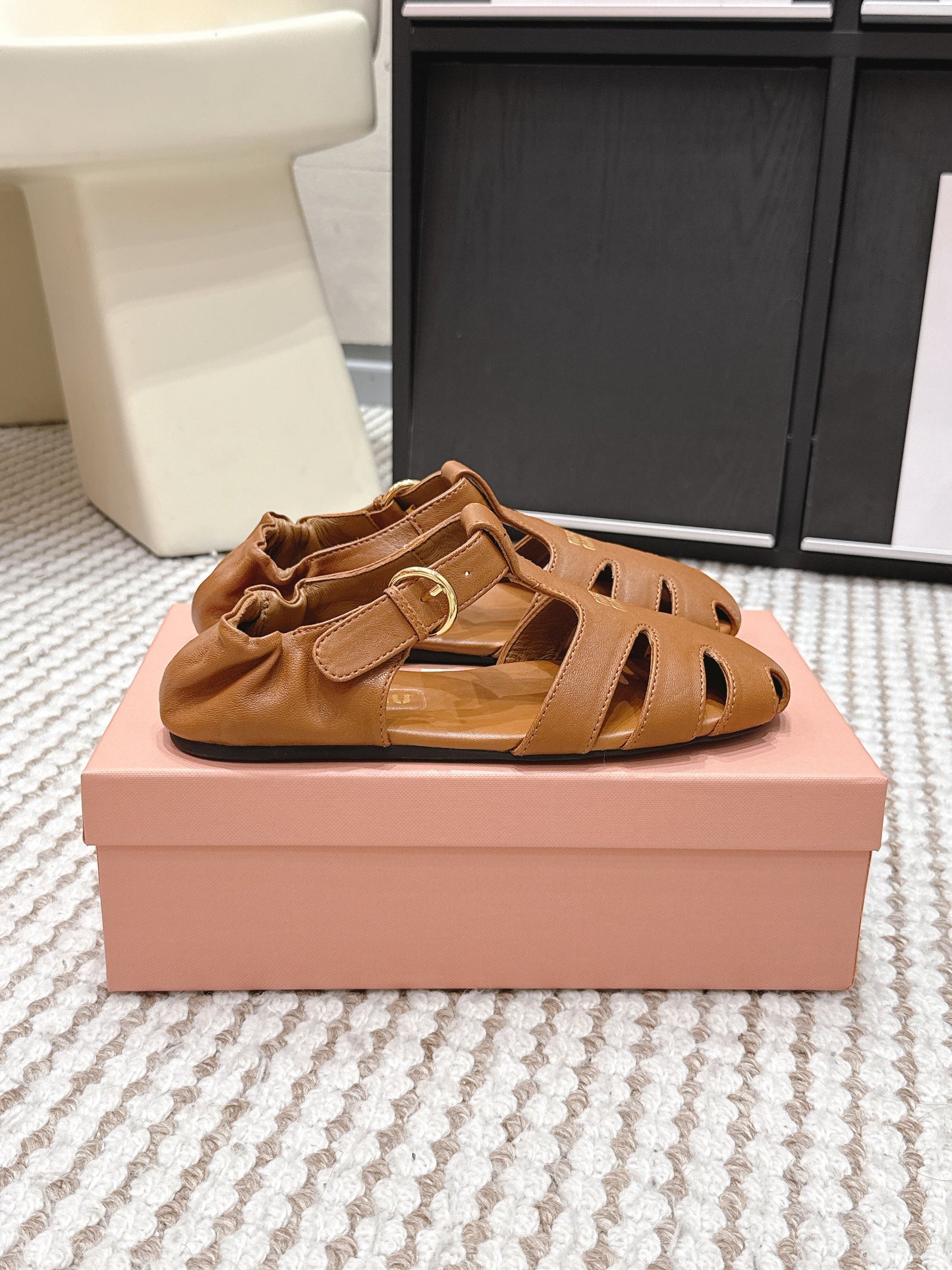 MIUMIU 26S RUCHES FISHERMAN SANDALS IN BROWN ORANGE CALFSKIN GOLD HARDWARE