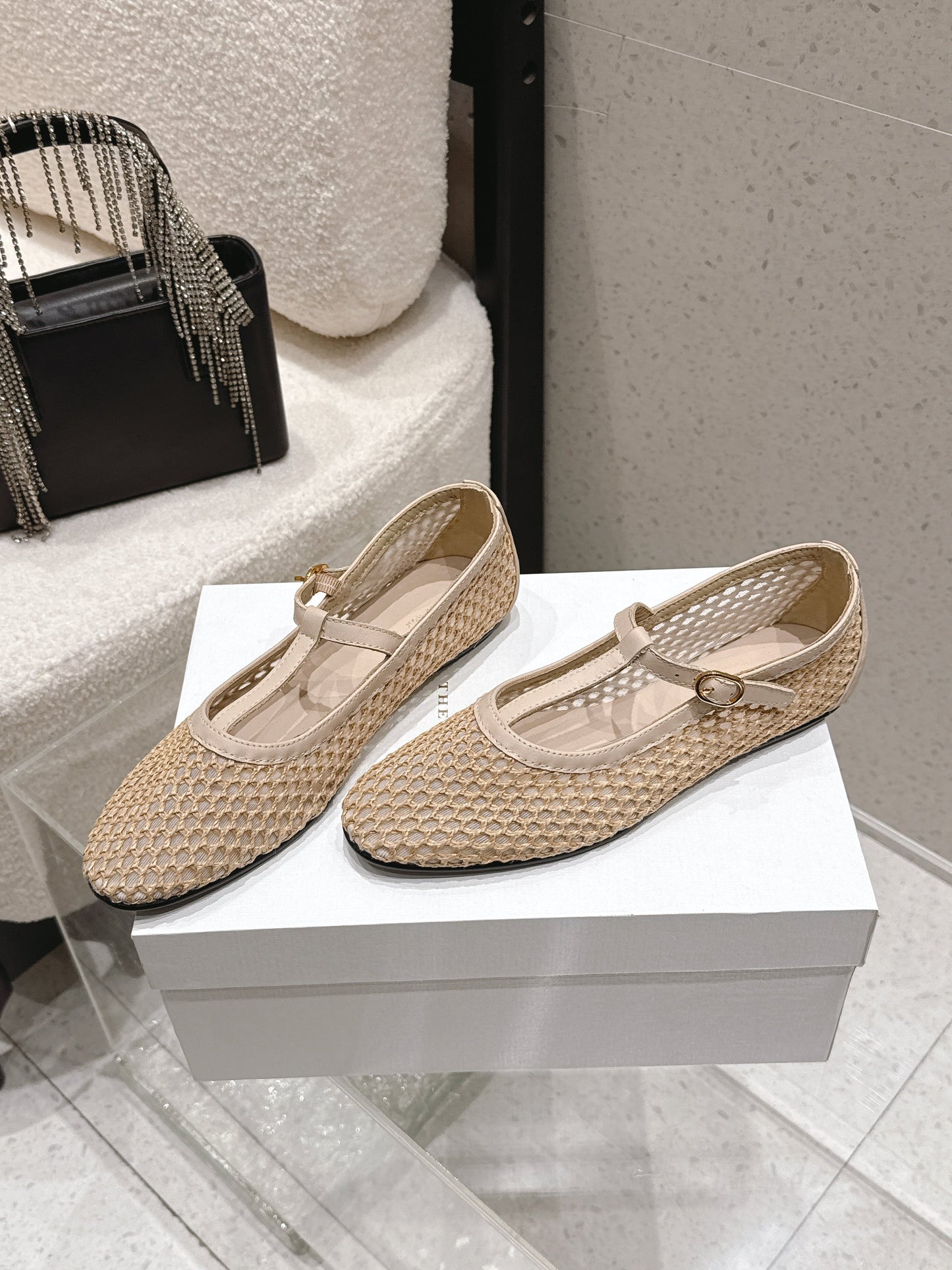 THE ROW 26S MARY JANE FLATS IN BEIGE CALFSKIN AND MESH