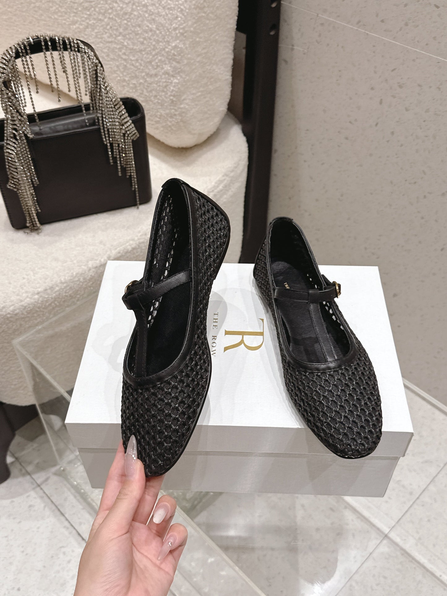 THE ROW 26S MARY JANE FLATS IN BLACK CALFSKIN AND MESH