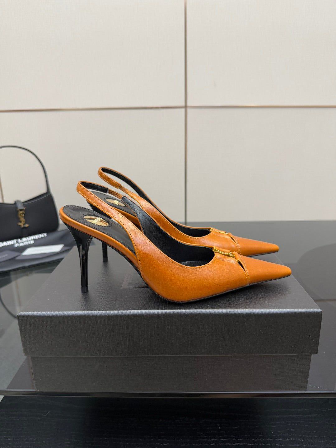 YSL 25S SLINGBACK HIGH HEELS 90 MM IN DARK ORANGE LAMBSKIN WITH GOLD HARDWARE STYLE 13 - 35