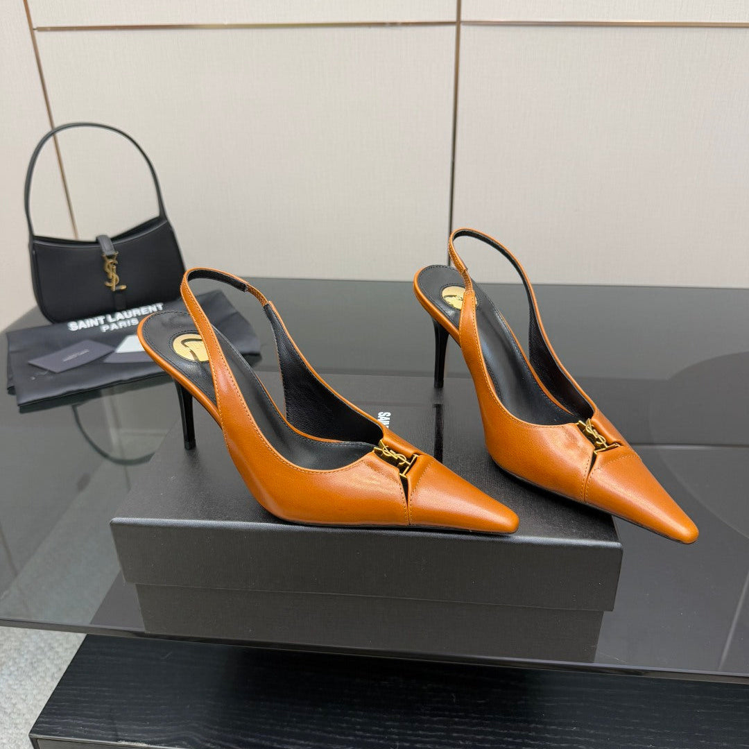 YSL 25S SLINGBACK HIGH HEELS 90 MM IN DARK ORANGE LAMBSKIN WITH GOLD HARDWARE STYLE 13 - 35