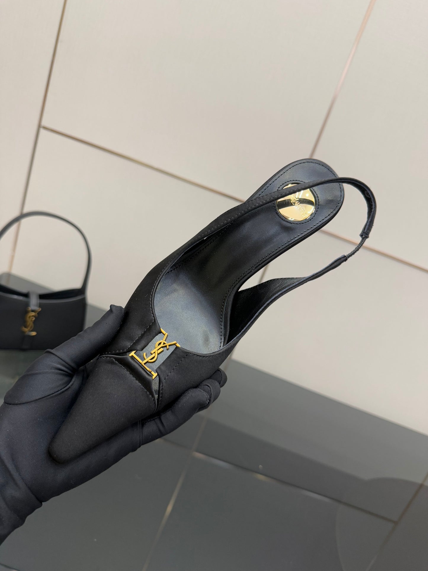 YSL 25S SLINGBACK HIGH HEELS 90 MM IN BLACK SATIN WITH GOLD HARDWARE STYLE 18 - 35