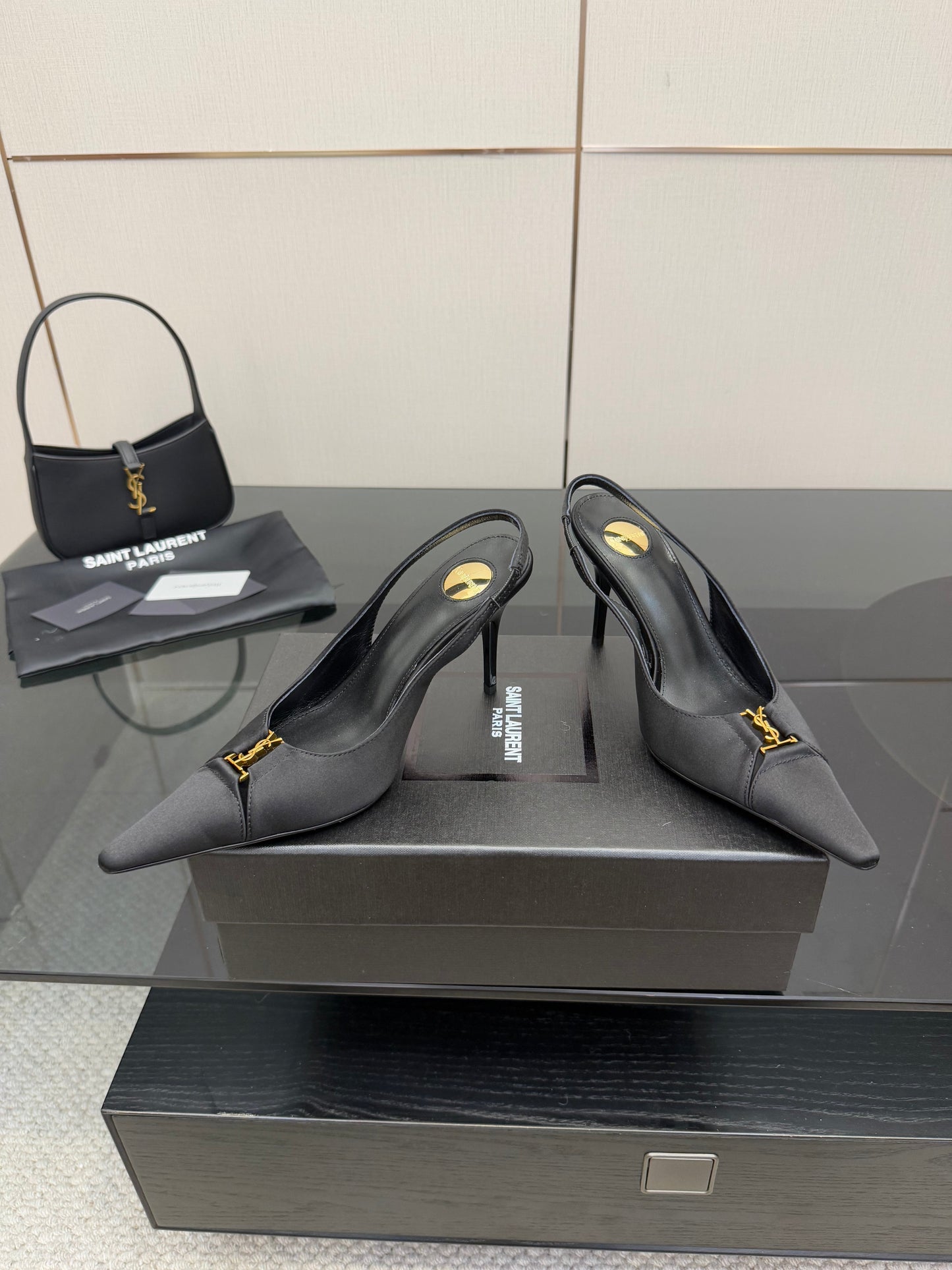 YSL 25S SLINGBACK HIGH HEELS 90 MM IN BLACK SATIN WITH GOLD HARDWARE STYLE 18 - 35