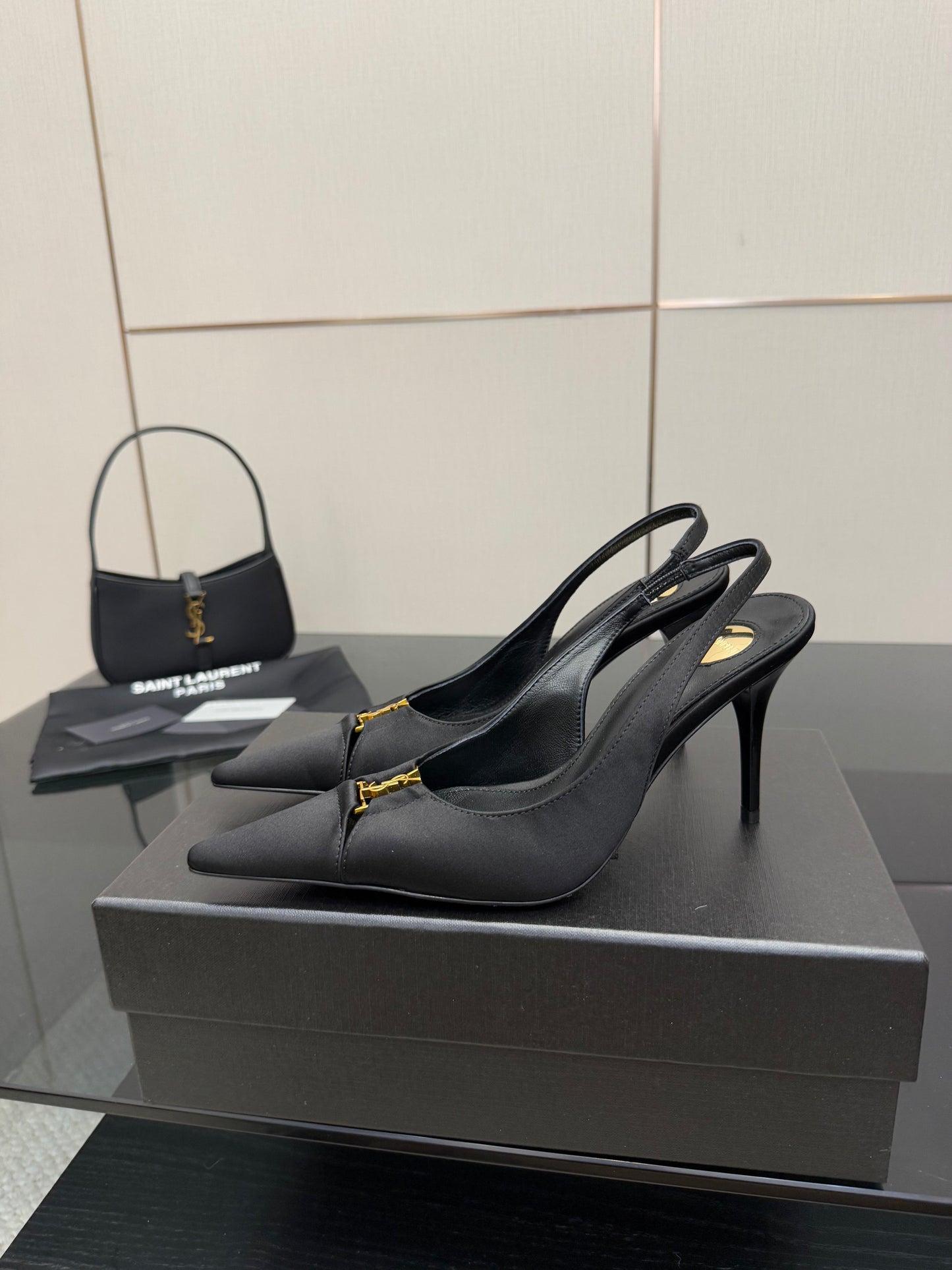 YSL 25S SLINGBACK HIGH HEELS 90 MM IN BLACK SATIN WITH GOLD HARDWARE STYLE 18 - 35