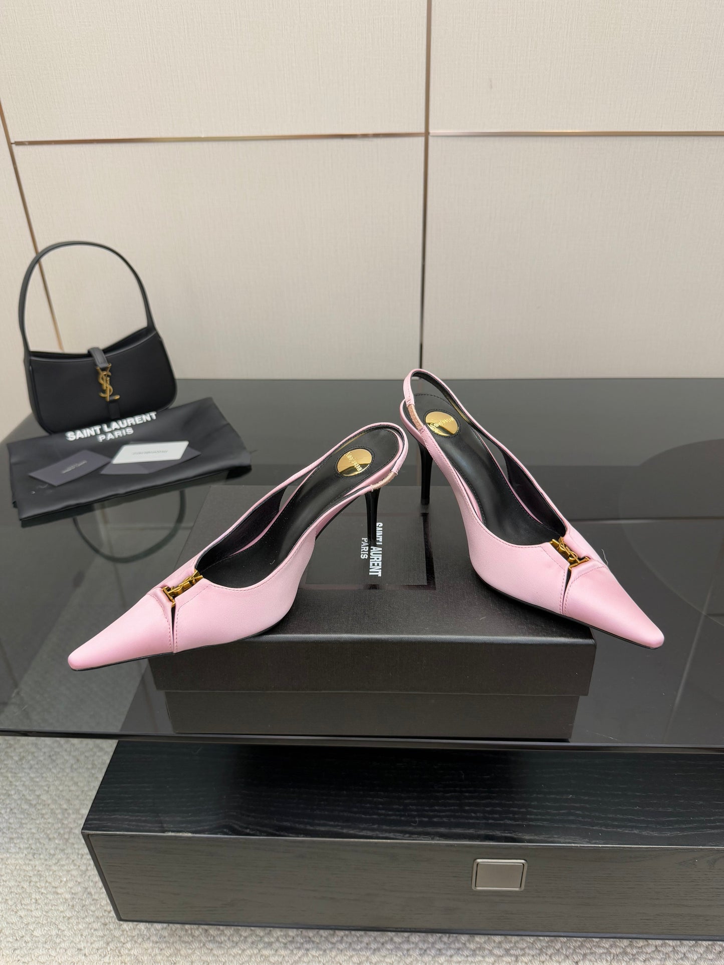YSL 25S SLINGBACK HIGH HEELS 90 MM IN PINK SATIN WITH GOLD HARDWARE STYLE 17 - 35