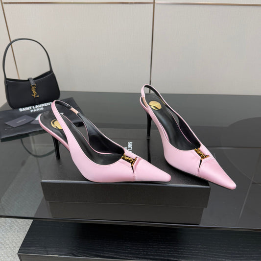 YSL 25S SLINGBACK HIGH HEELS 90 MM IN PINK SATIN WITH GOLD HARDWARE STYLE 17 - 35