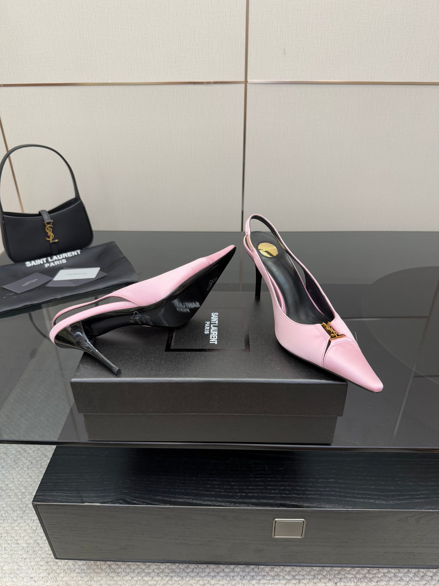 YSL 25S SLINGBACK HIGH HEELS 90 MM IN PINK SATIN WITH GOLD HARDWARE STYLE 17 - 35