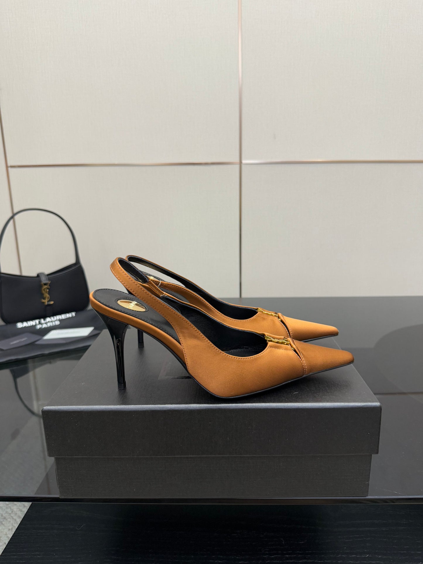 YSL 25S SLINGBACK HIGH HEELS 90 MM IN DARK ORANGE SATIN WITH GOLD HARDWARE STYLE 16 - 35