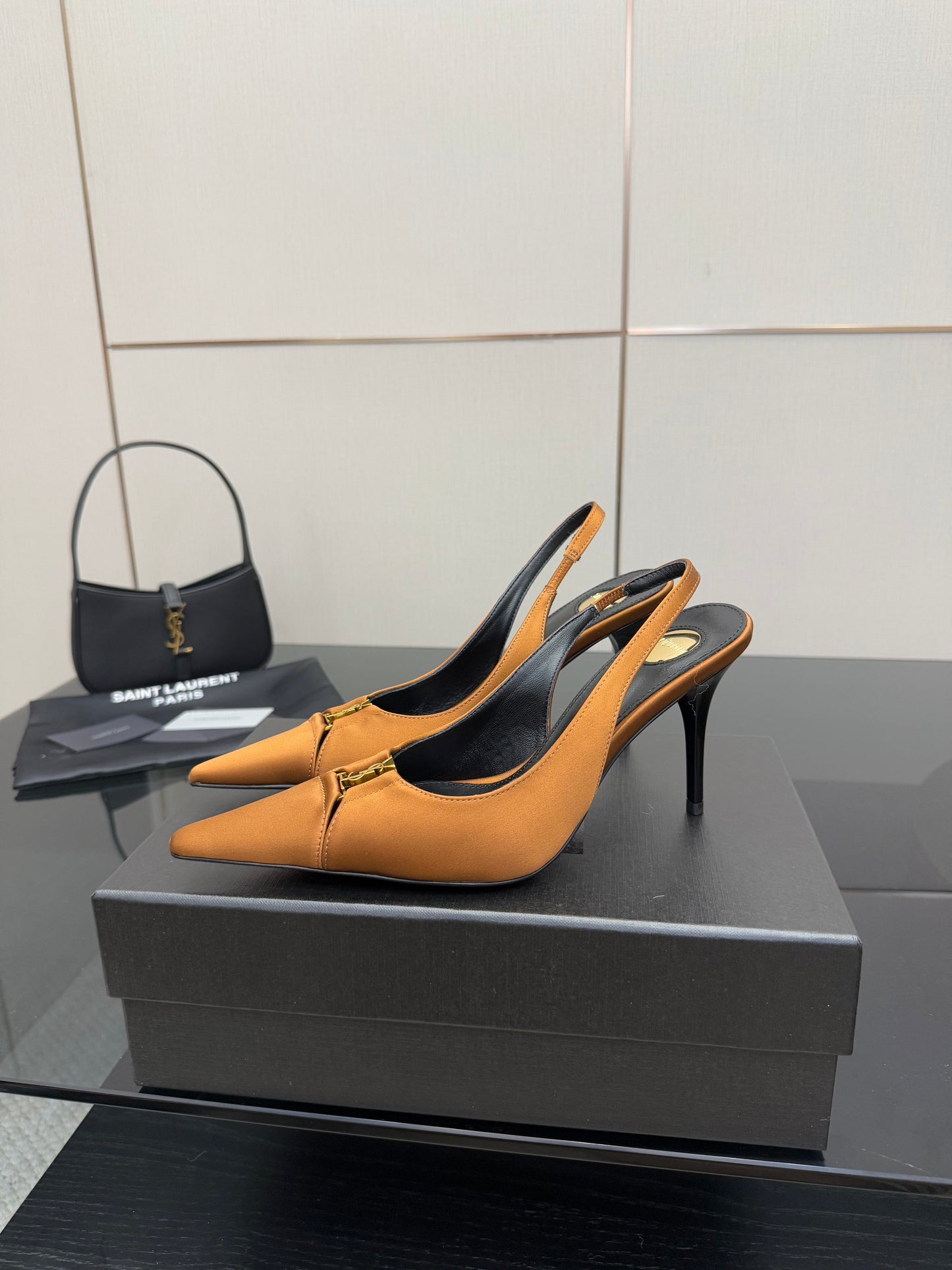 YSL 25S SLINGBACK HIGH HEELS 90 MM IN DARK ORANGE SATIN WITH GOLD HARDWARE STYLE 16 - 35