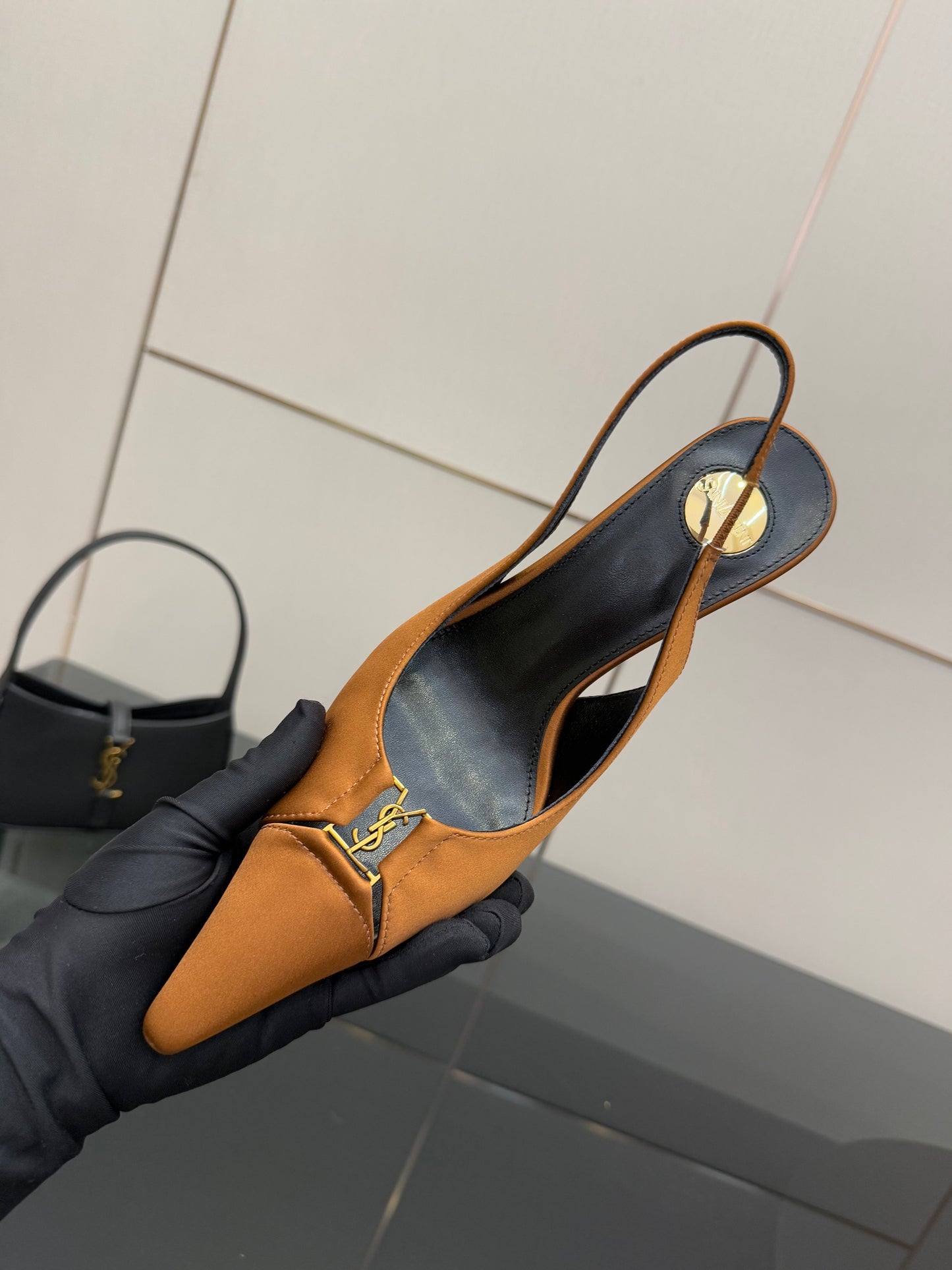 YSL 25S SLINGBACK HIGH HEELS 90 MM IN DARK ORANGE SATIN WITH GOLD HARDWARE STYLE 16 - 35