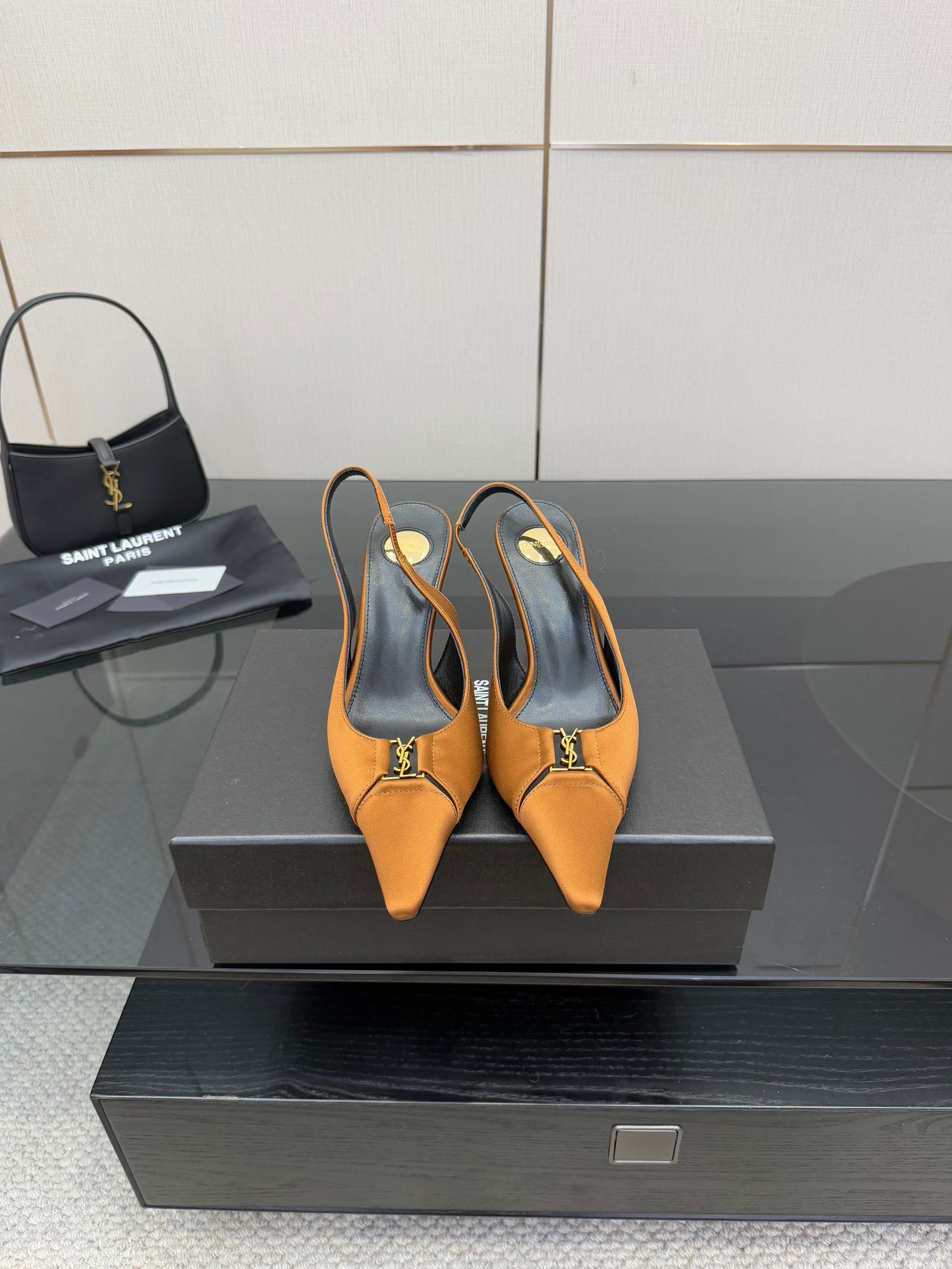 YSL 25S SLINGBACK HIGH HEELS 90 MM IN DARK ORANGE SATIN WITH GOLD HARDWARE STYLE 16 - 35