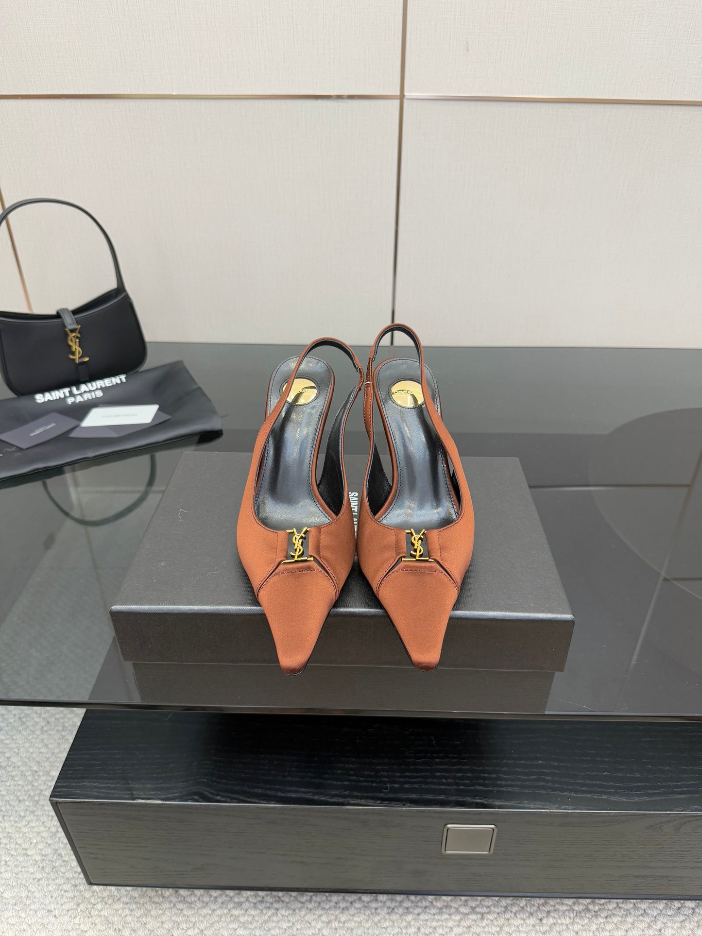 YSL 25S SLINGBACK HIGH HEELS 90 MM IN COGNAC BROWN SATIN WITH GOLD HARDWARE STYLE 15 - 35