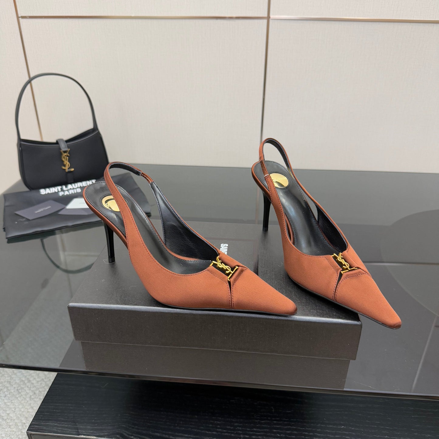 YSL 25S SLINGBACK HIGH HEELS 90 MM IN COGNAC BROWN SATIN WITH GOLD HARDWARE STYLE 15 - 35