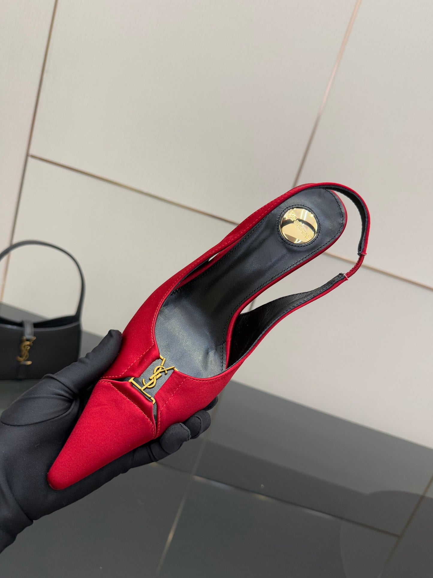 YSL 25S SLINGBACK HIGH HEELS 90 MM IN RED SATIN WITH GOLD HARDWARE STYLE 14 - 35