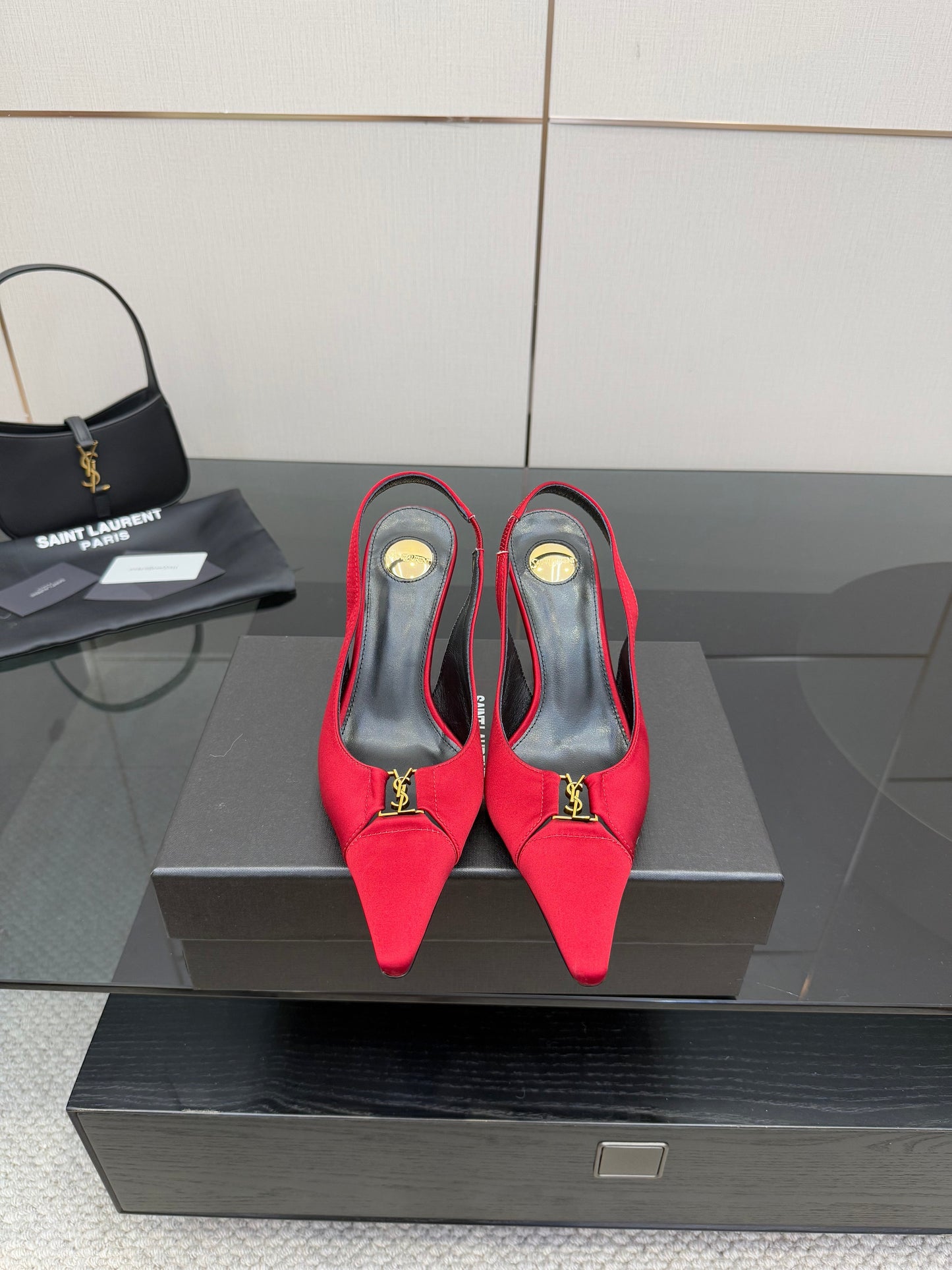 YSL 25S SLINGBACK HIGH HEELS 90 MM IN RED SATIN WITH GOLD HARDWARE STYLE 14 - 35