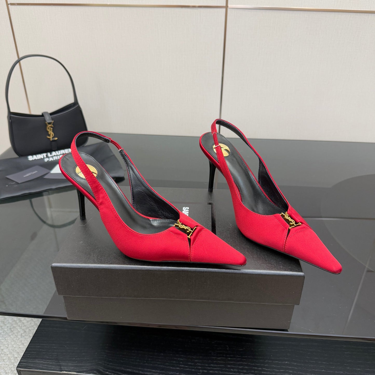 YSL 25S SLINGBACK HIGH HEELS 90 MM IN RED SATIN WITH GOLD HARDWARE STYLE 14 - 35