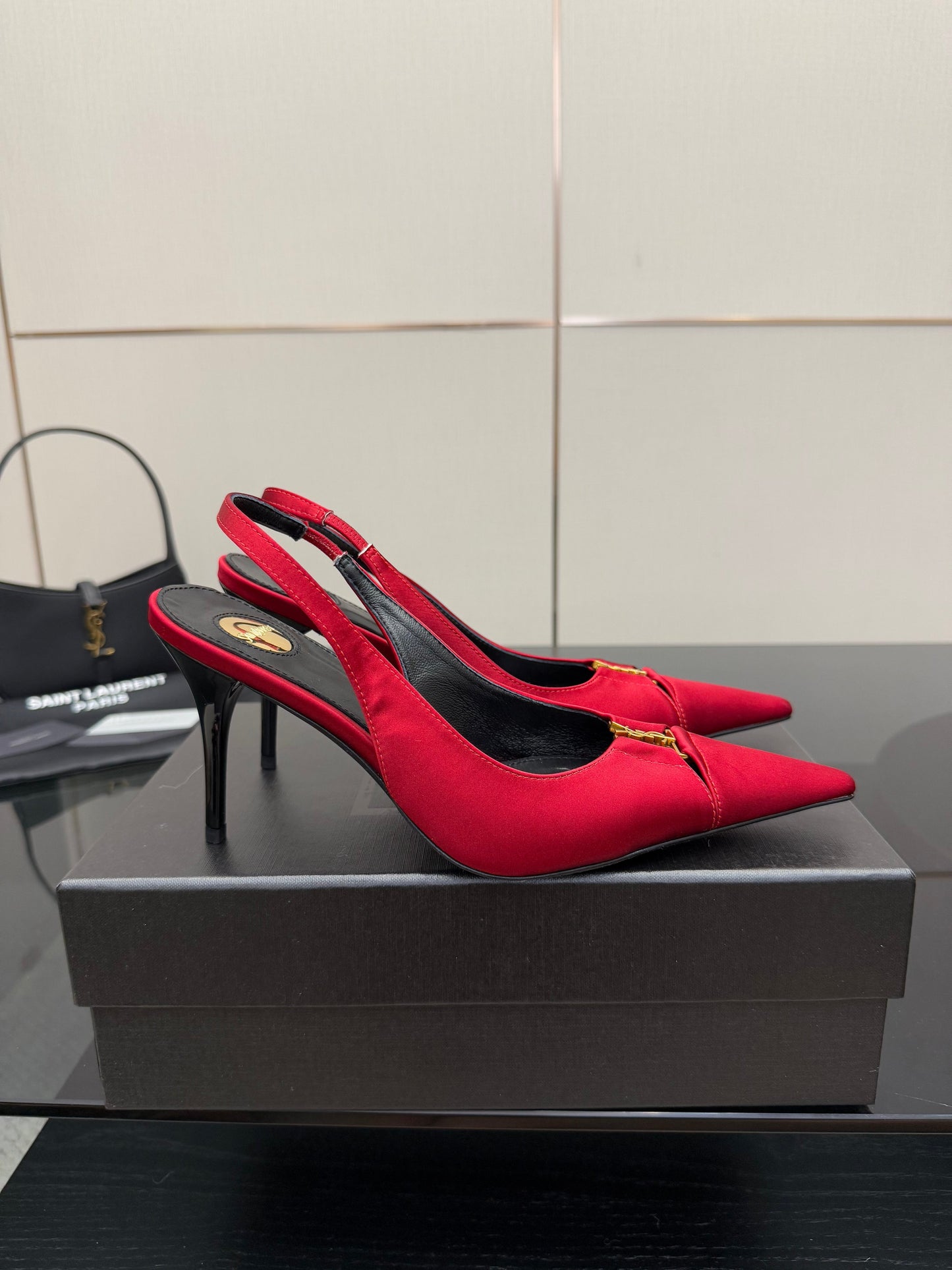 YSL 25S SLINGBACK HIGH HEELS 90 MM IN RED SATIN WITH GOLD HARDWARE STYLE 14 - 35