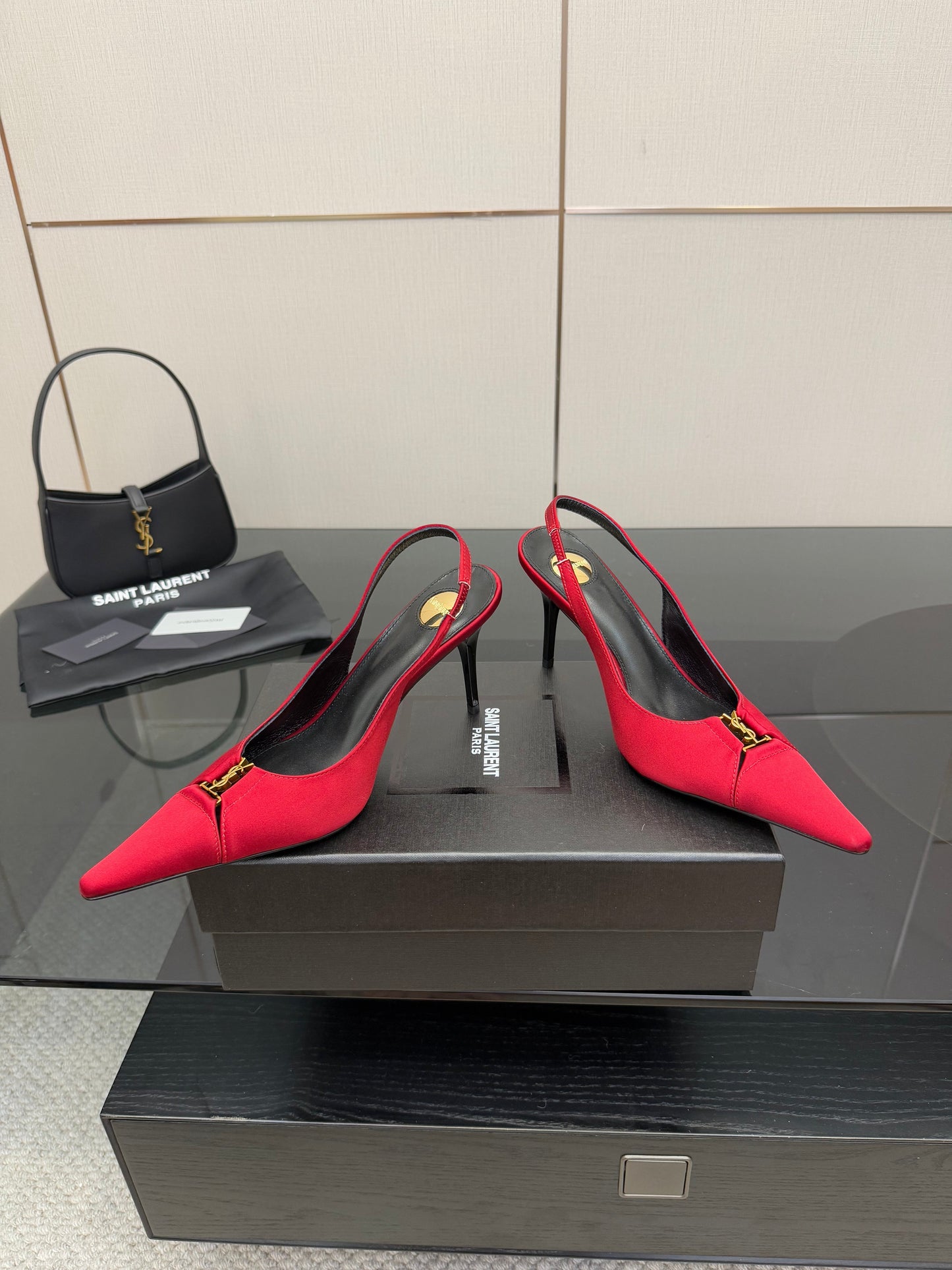 YSL 25S SLINGBACK HIGH HEELS 90 MM IN RED SATIN WITH GOLD HARDWARE STYLE 14 - 35