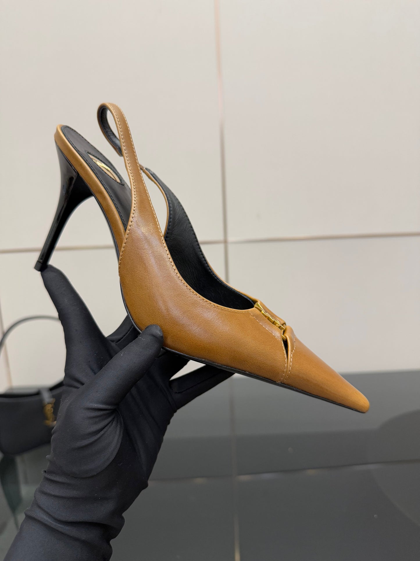YSL 25S SLINGBACK HIGH HEELS 90 MM IN COPPER BROWN LAMBSKIN WITH GOLD HARDWARE STYLE 11 - 35