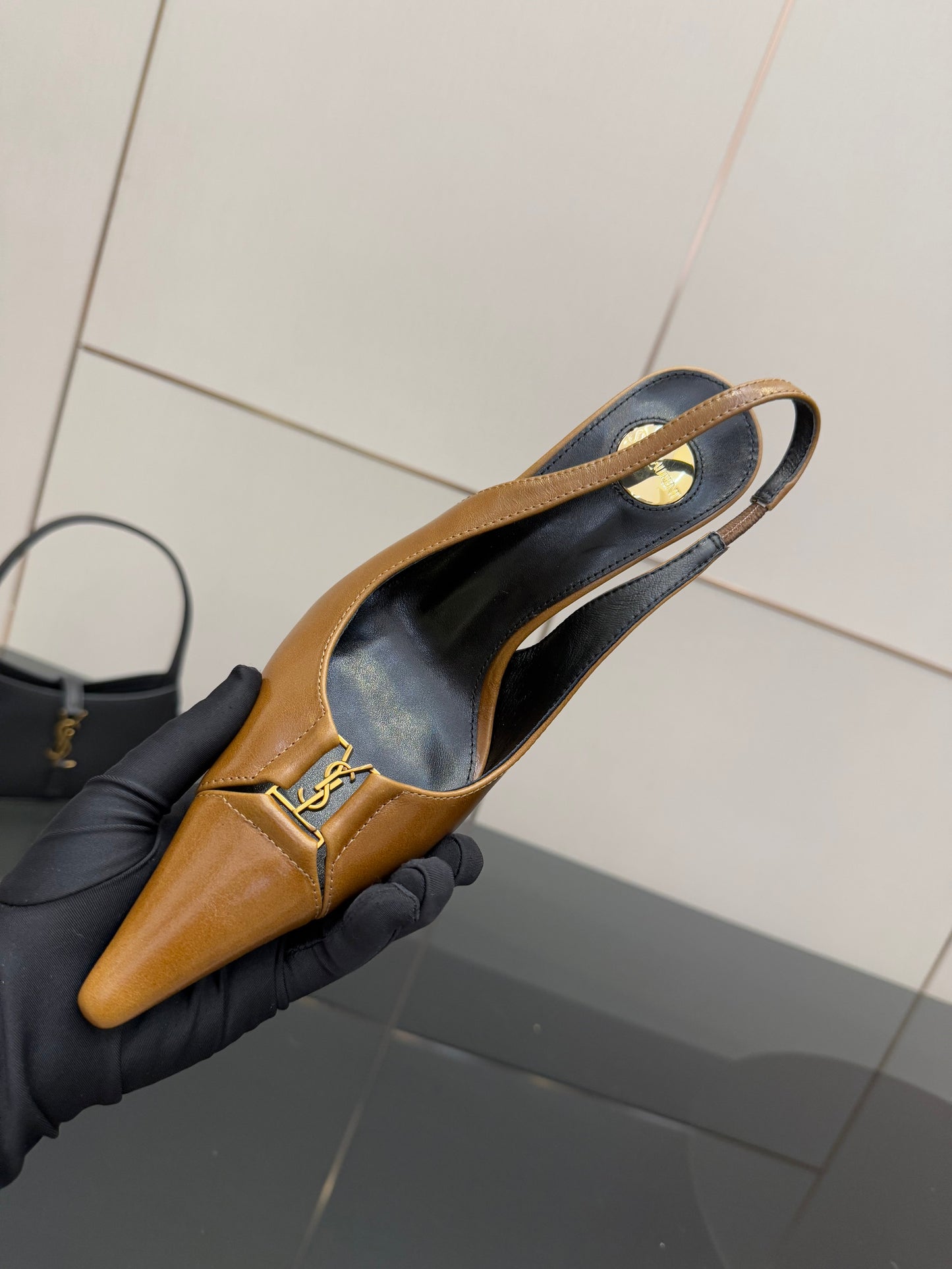YSL 25S SLINGBACK HIGH HEELS 90 MM IN COPPER BROWN LAMBSKIN WITH GOLD HARDWARE STYLE 11 - 35