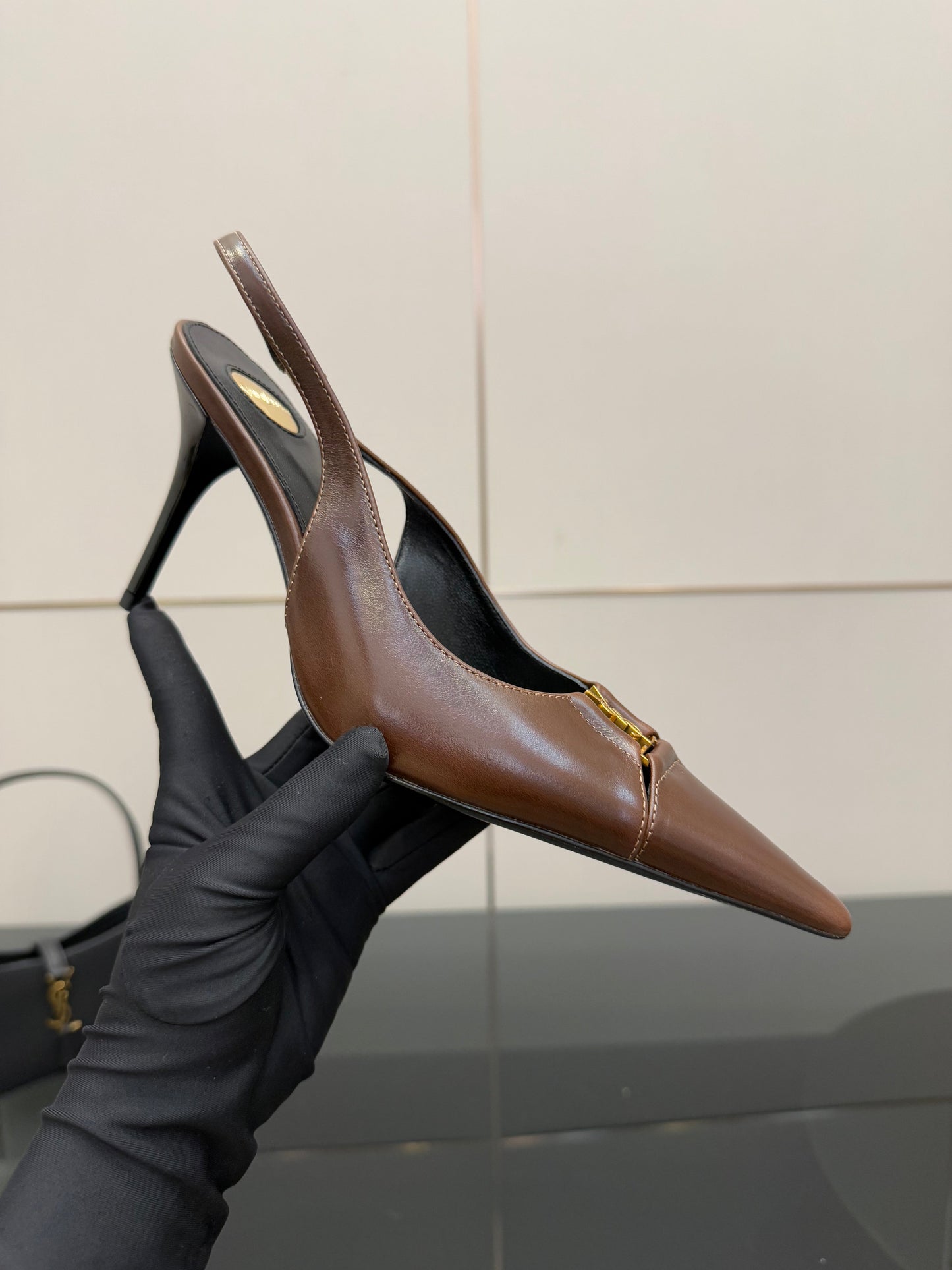 YSL 25S SLINGBACK HIGH HEELS 90 MM IN CHESTNUT BROWN LAMBSKIN WITH GOLD HARDWARE STYLE 12 - 35
