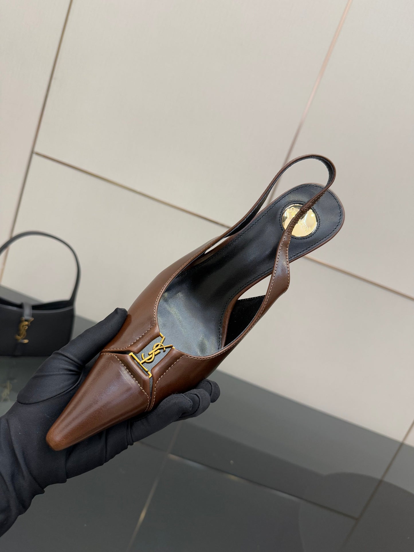 YSL 25S SLINGBACK HIGH HEELS 90 MM IN CHESTNUT BROWN LAMBSKIN WITH GOLD HARDWARE STYLE 12 - 35