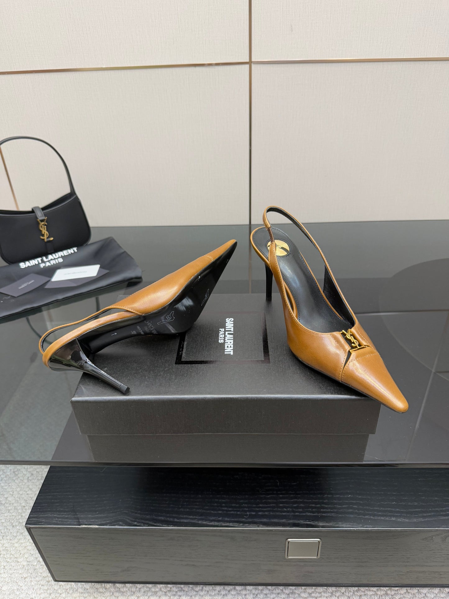 YSL 25S SLINGBACK HIGH HEELS 90 MM IN COPPER BROWN LAMBSKIN WITH GOLD HARDWARE STYLE 11 - 35