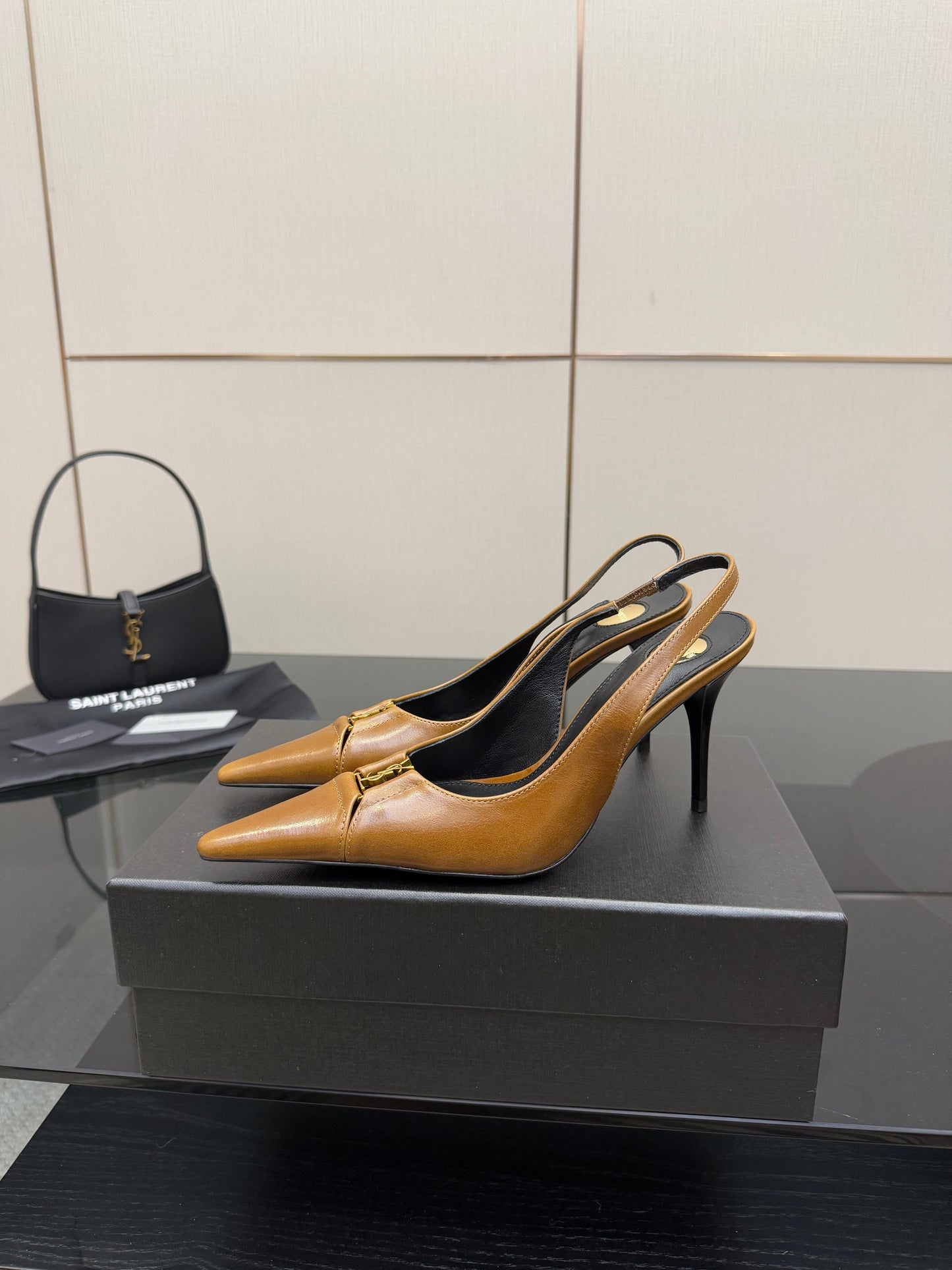 YSL 25S SLINGBACK HIGH HEELS 90 MM IN COPPER BROWN LAMBSKIN WITH GOLD HARDWARE STYLE 11 - 35