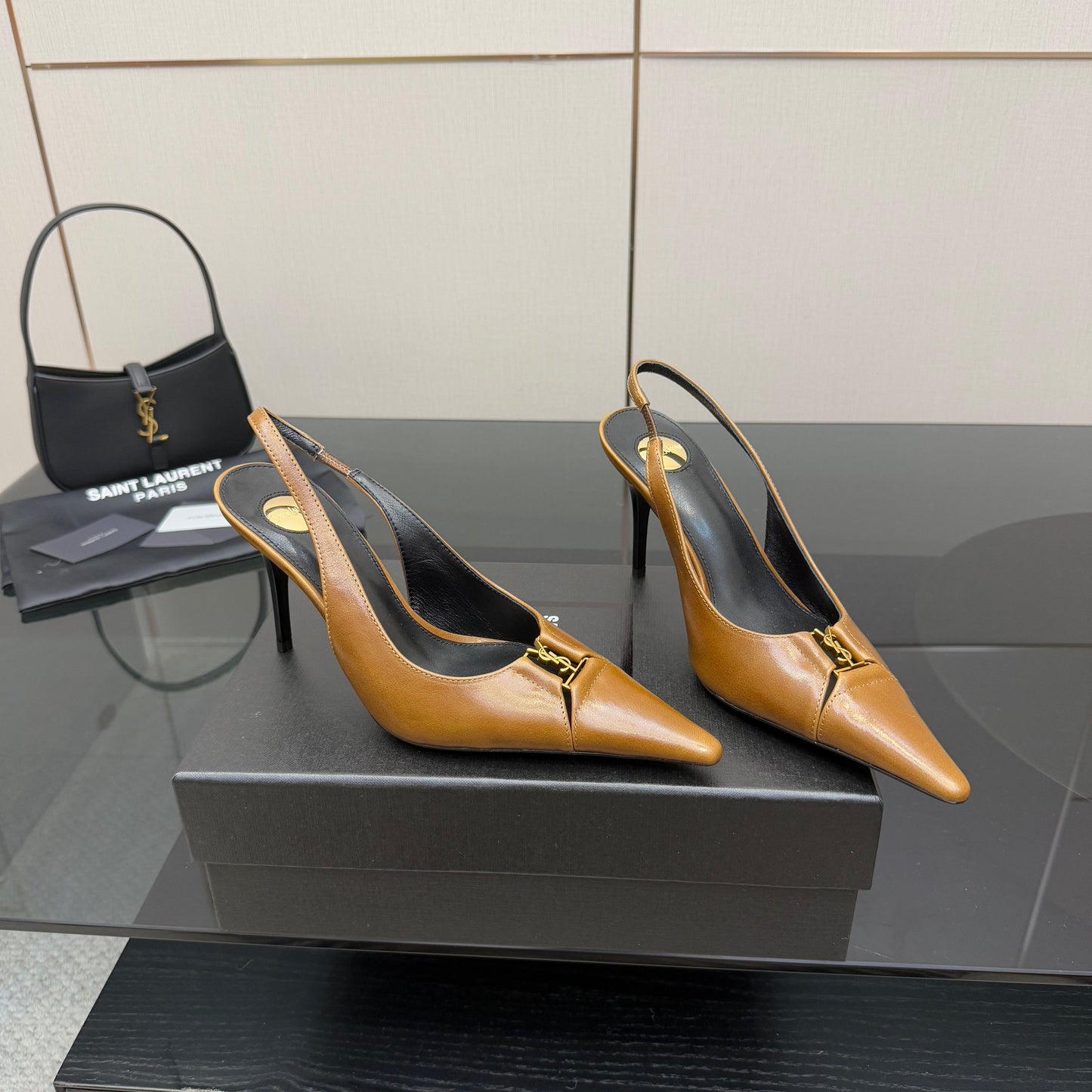 YSL 25S SLINGBACK HIGH HEELS 90 MM IN COPPER BROWN LAMBSKIN WITH GOLD HARDWARE STYLE 11 - 35