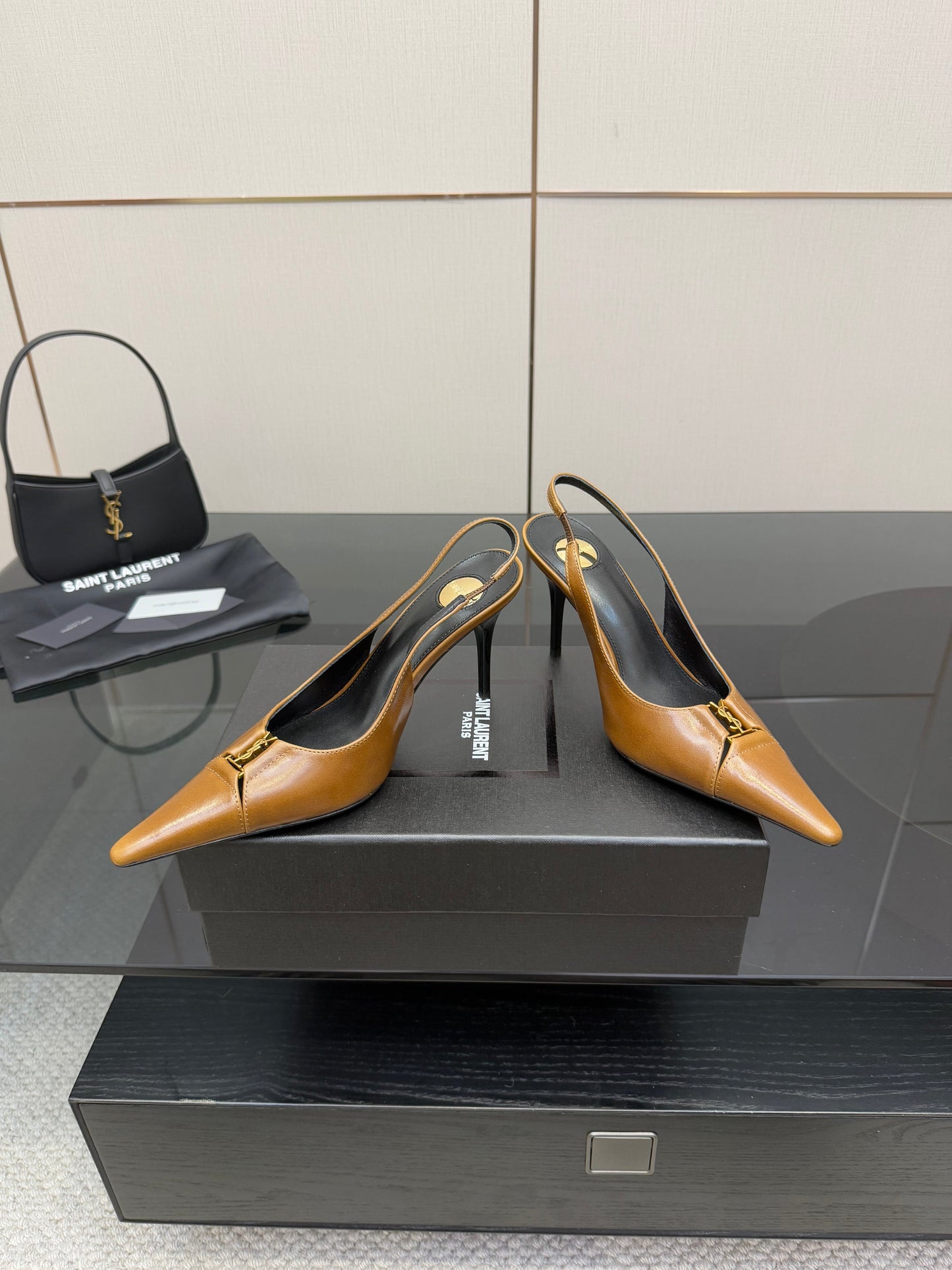 YSL 25S SLINGBACK HIGH HEELS 90 MM IN COPPER BROWN LAMBSKIN WITH GOLD HARDWARE STYLE 11 - 35