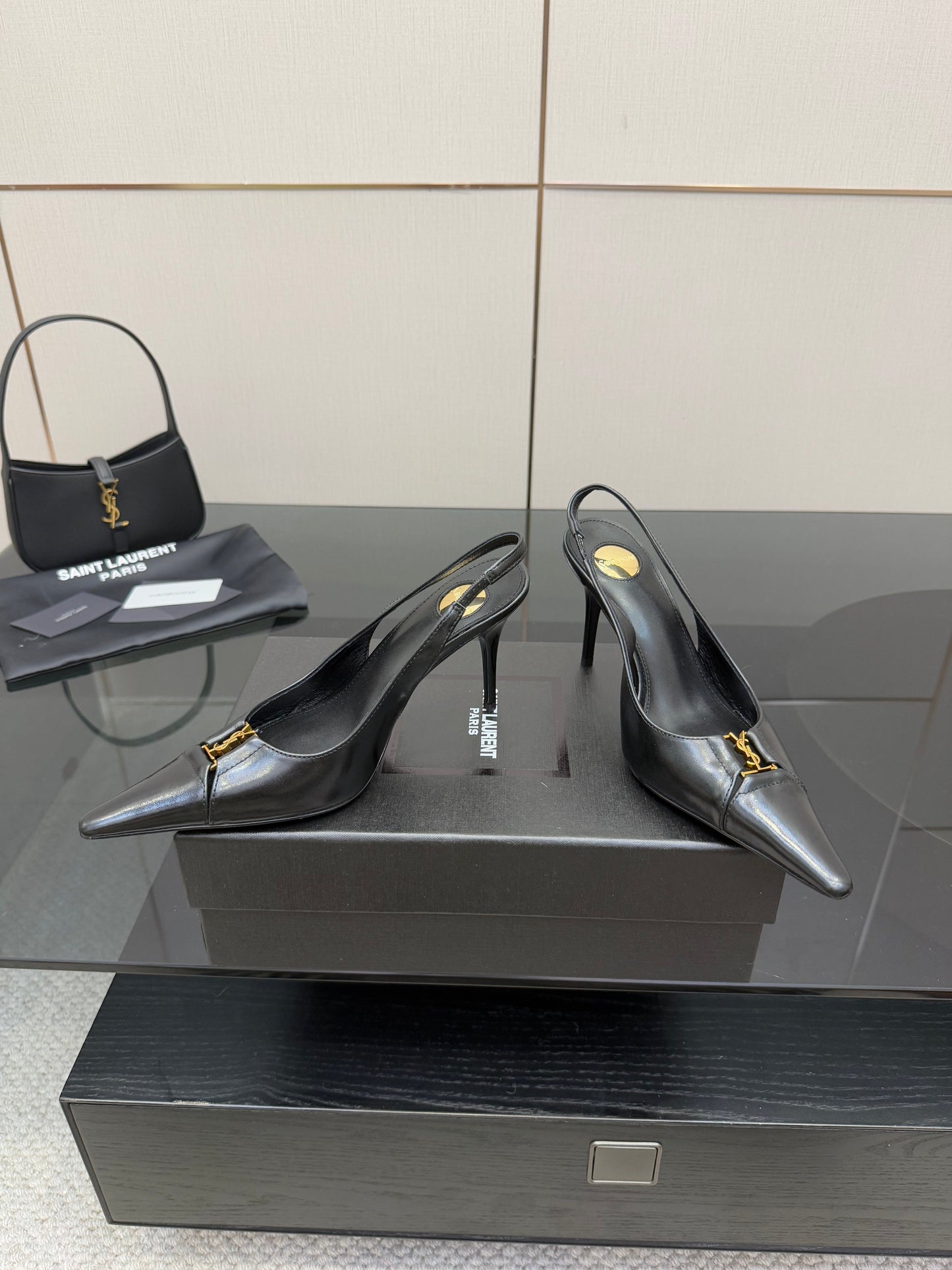 YSL 25S SLINGBACK HIGH HEELS 90 MM IN BLACK LAMBSKIN WITH GOLD HARDWARE STYLE 10 - 35