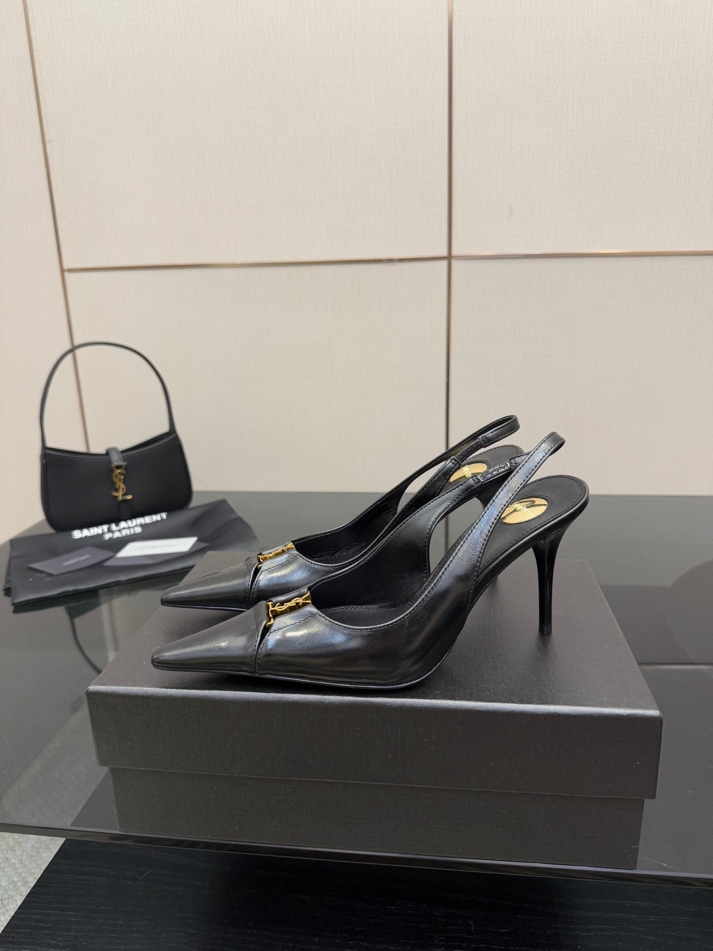 YSL 25S SLINGBACK HIGH HEELS 90 MM IN BLACK LAMBSKIN WITH GOLD HARDWARE STYLE 10 - 35