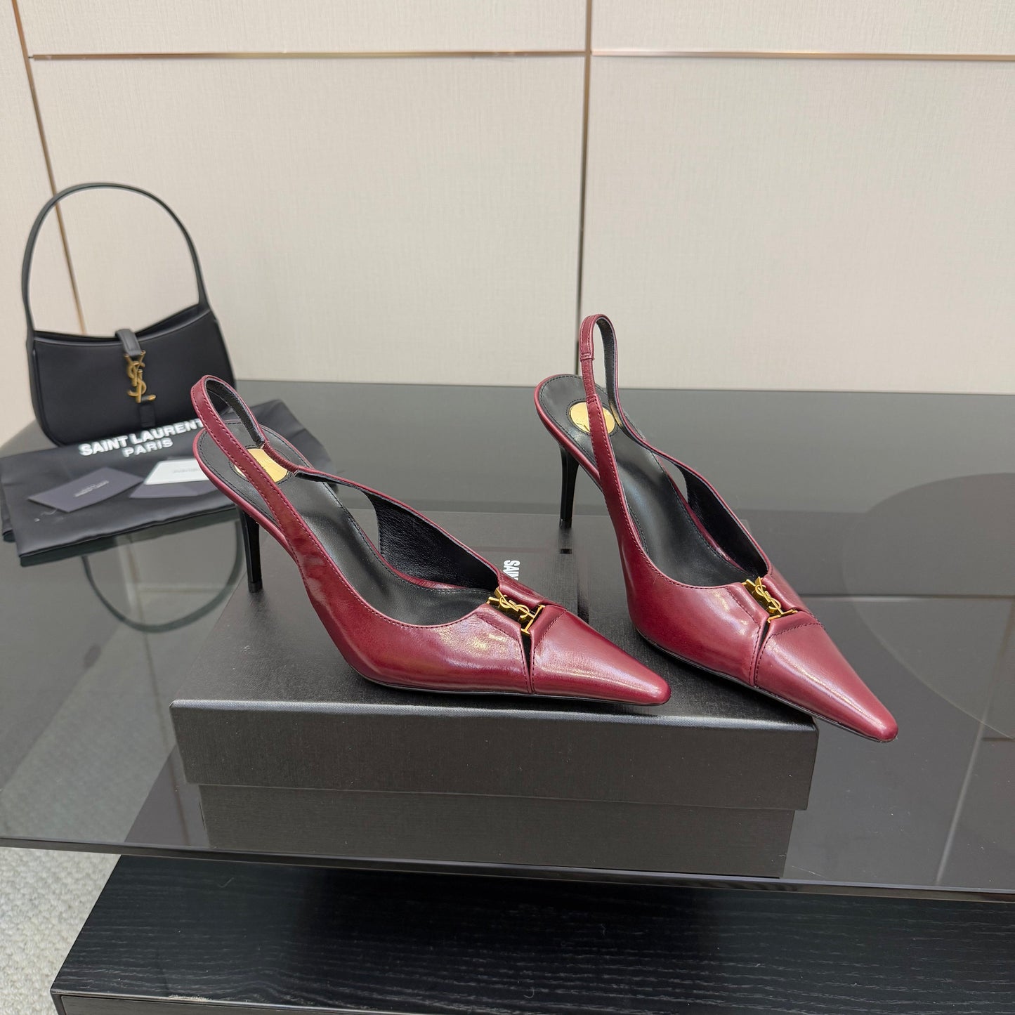 YSL 25S SLINGBACK HIGH HEELS 90 MM IN DARK RED LAMBSKIN WITH GOLD HARDWARE STYLE 9 - 35