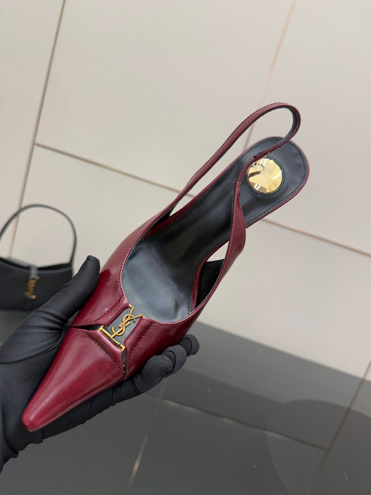 YSL 25S SLINGBACK HIGH HEELS 90 MM IN DARK RED LAMBSKIN WITH GOLD HARDWARE STYLE 9 - 35