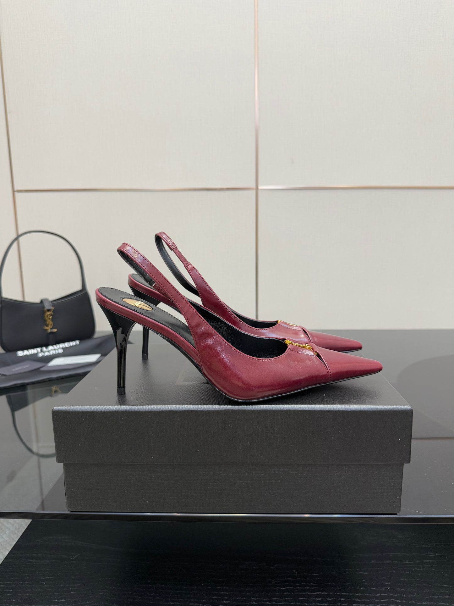 YSL 25S SLINGBACK HIGH HEELS 90 MM IN DARK RED LAMBSKIN WITH GOLD HARDWARE STYLE 9 - 35