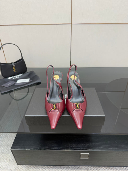 YSL 25S SLINGBACK HIGH HEELS 90 MM IN DARK RED LAMBSKIN WITH GOLD HARDWARE STYLE 9 - 35