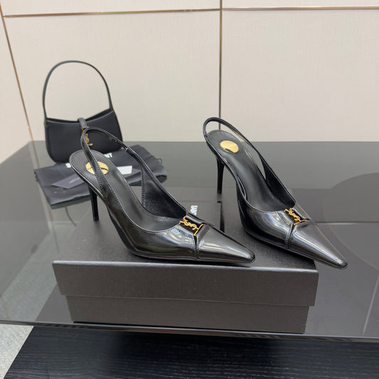 YSL 25S SLINGBACK HIGH HEELS 90 MM IN BLACK LAMBSKIN WITH GOLD HARDWARE STYLE 8 - 35