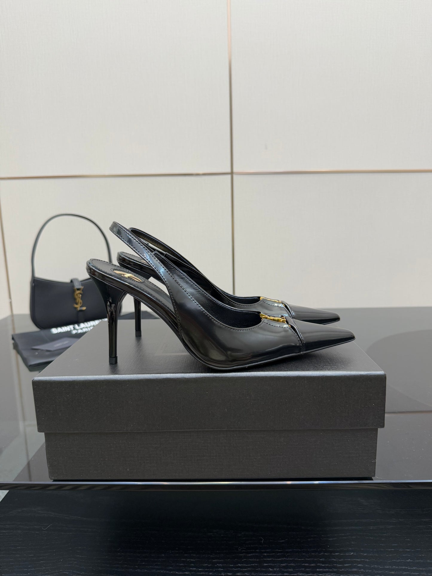 YSL 25S SLINGBACK HIGH HEELS 90 MM IN BLACK LAMBSKIN WITH GOLD HARDWARE STYLE 8 - 35