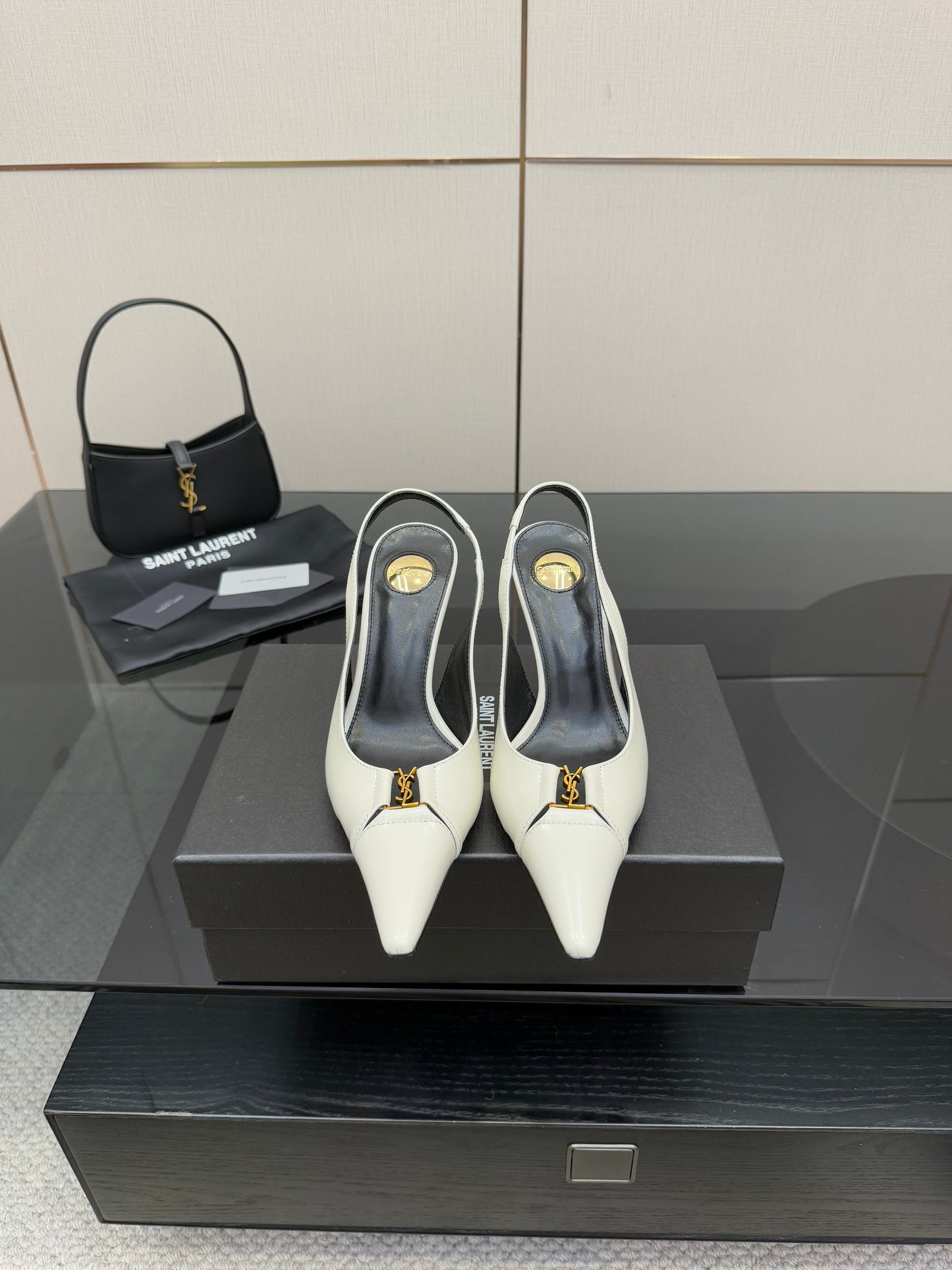 YSL 25S SLINGBACK HIGH HEELS 90 MM IN WHITE LAMBSKIN WITH GOLD HARDWARE STYLE 6 - 35