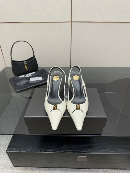 YSL 25S SLINGBACK HIGH HEELS 90 MM IN WHITE LAMBSKIN WITH GOLD HARDWARE STYLE 6 - 35