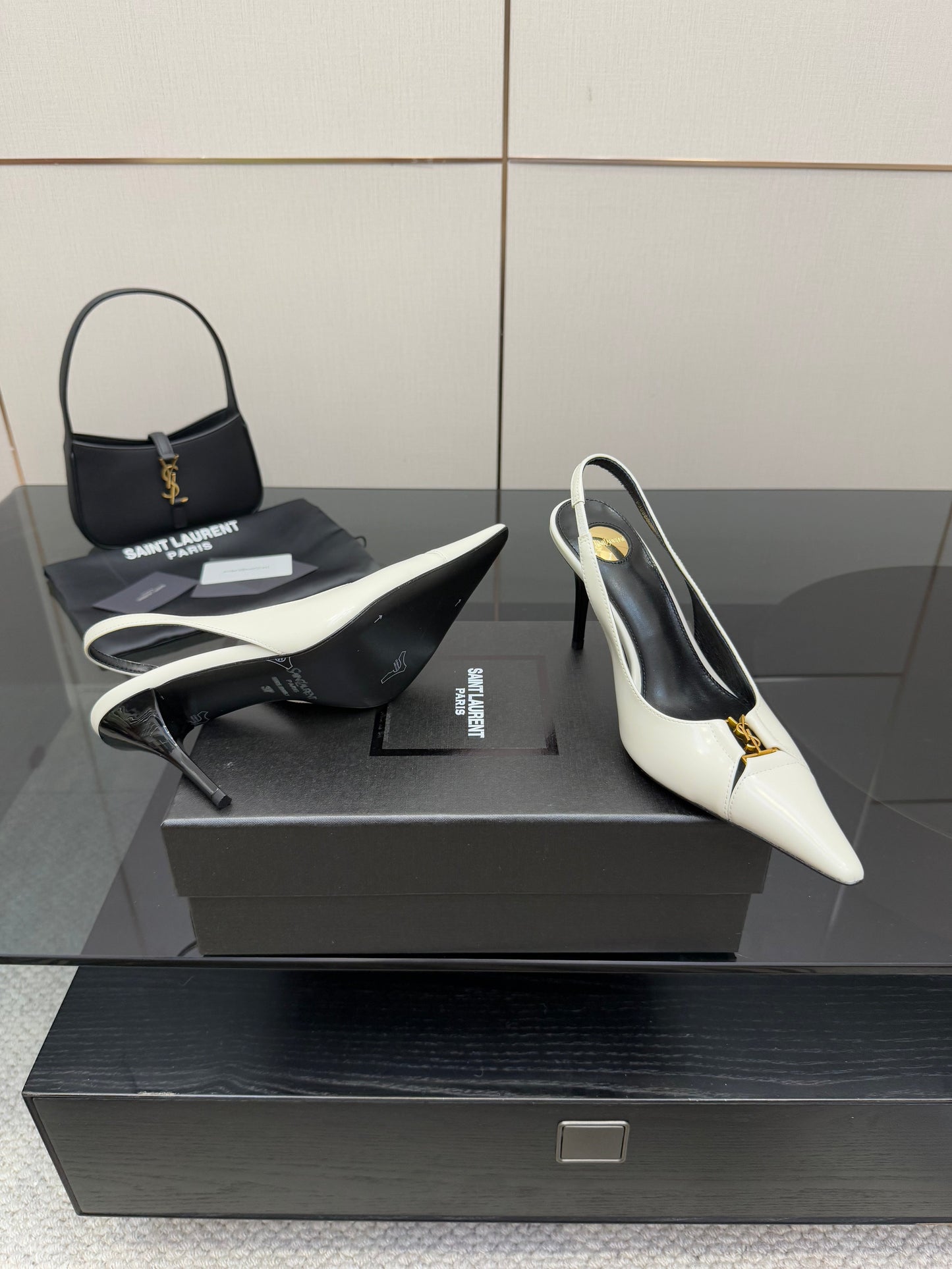YSL 25S SLINGBACK HIGH HEELS 90 MM IN WHITE LAMBSKIN WITH GOLD HARDWARE STYLE 6 - 35