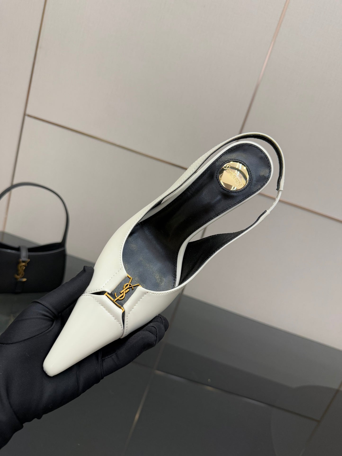 YSL 25S SLINGBACK HIGH HEELS 90 MM IN WHITE LAMBSKIN WITH GOLD HARDWARE STYLE 6 - 35