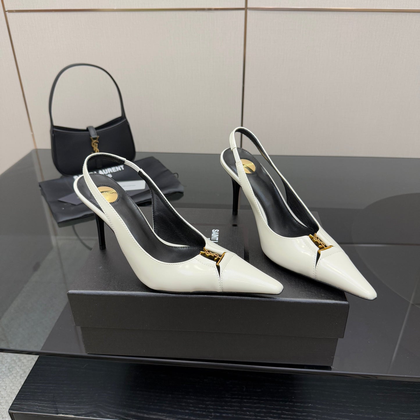 YSL 25S SLINGBACK HIGH HEELS 90 MM IN WHITE LAMBSKIN WITH GOLD HARDWARE STYLE 6 - 35